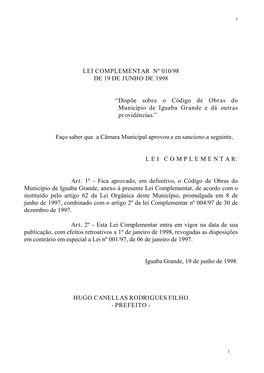 Lei Complementar N° 010/98 De 19 De Junho De 1998