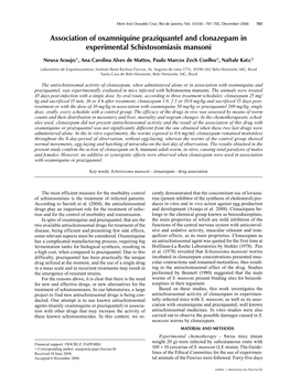 Association of Oxamniquine Praziquantel and Clonazepam in Experimental Schistosomiasis Mansoni