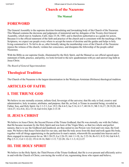 Church of the Nazarene FOREWORD Theological Tradition ARTICLES