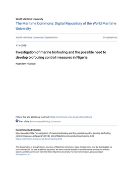 Investigation of Marine Biofouling and the Possible Need to Develop Biofouling Control Measures in Nigeria