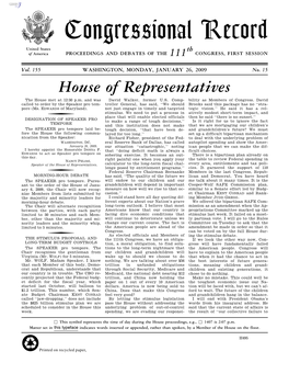 Congressional Record United States Th of America PROCEEDINGS and DEBATES of the 111 CONGRESS, FIRST SESSION