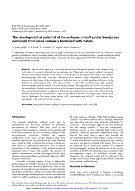 The Development Al Potential of the Embryos of Wolf Spider Xerolycosa Nemoralis from Areas Variously Burdened with Metals