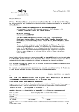 BULLETIN DE RESERVATION Viol D'après Titus Andronicus De William