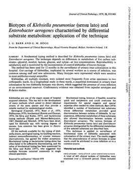 Biotypes of Klebsiella Pneumoniae (Sensu Lato) and Enterobacter Aerogenes Characterized by Differential Substrate Metabolism: Application of the Technique