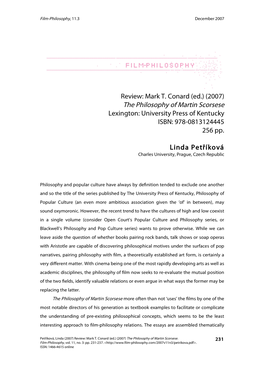 The Philosophy of Martin Scorsese Lexington: University Press of Kentucky ISBN: 978-0813124445 256 Pp