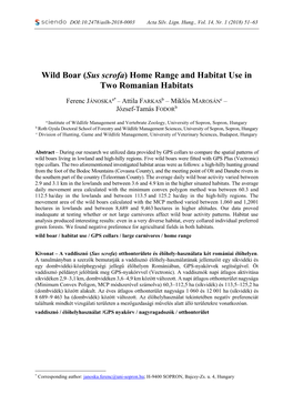 Wild Boar (Sus Scrofa) Home Range and Habitat Use in Two Romanian Habitats