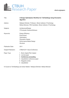 A Design Optimization Workflow for Tall Buildings Using Parametric Algorithm 3. Conference Proceeding Ctbuh.Org/Papers