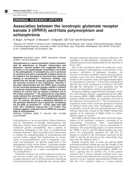 Association Between the Ionotropic Glutamate Receptor Kainate 3