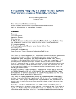 Safeguarding Prosperity in a Global Financial System: the Future International Financial Architecture