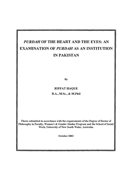 An Examination of Purdah As an Institution in Pakistan