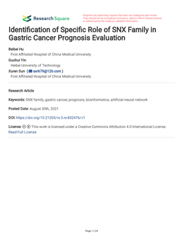 Identi Cation of Speci C Role of SNX Family in Gastric Cancer Prognosis