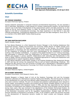 Scientific Committee and Speakers Topical Scientific Workshop on New Approach Methodologies, 19-20 April 2016