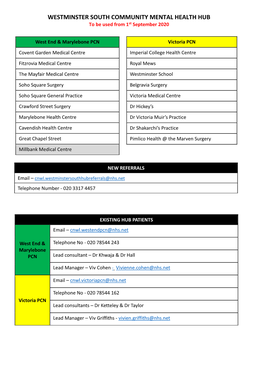 WESTMINSTER SOUTH COMMUNITY MENTAL HEALTH HUB to Be Used from 1St September 2020