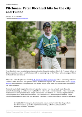 Pitchman: Peter Ricchiuti Hits for the City and Tulane