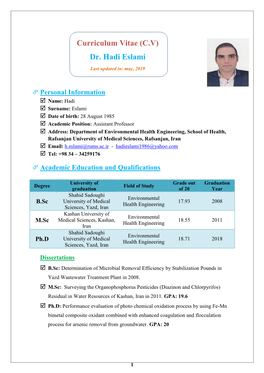 Curriculum Vitae (C.V) Dr. Hadi Eslami