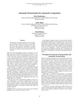 Automatic Orchestration for Automatic Composition Eliot Handelman Centre for Interdisciplinary Research in Music Media and Technology Montreal, Canada