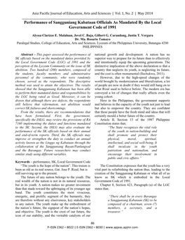 Performance of Sangguniang Kabataan Officials As Mandated by the Local Government Code of 1991