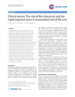 The Role of the Intensivist and the Rapid Response Team in Nosocomial End-Of-Life Care