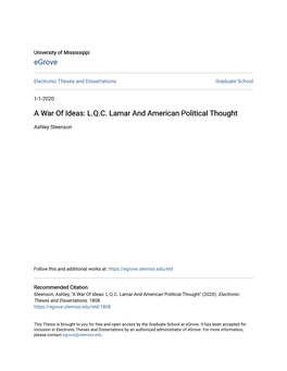A War of Ideas: L.Q.C. Lamar and American Political Thought
