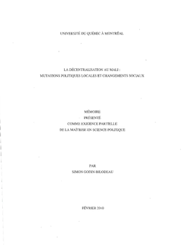 La Décentralisation Au Mali : Mutations Politiques Locales Et Changements Sociaux