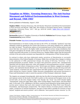 Tompkins on Milder, 'Greening Democracy: the Anti-Nuclear Movement and Political Environmentalism in West Germany and Beyond, 1968–1983'