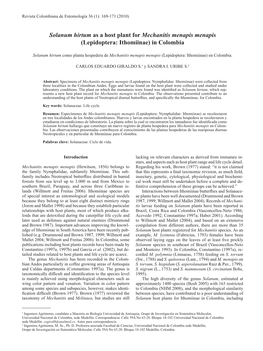 Solanum Hirtum As a Host Plant for Mechanitis Menapis Menapis (Lepidoptera: Ithomiinae) in Colombia