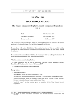 The Higher Education (Higher Amount) (England) Regulations 2016