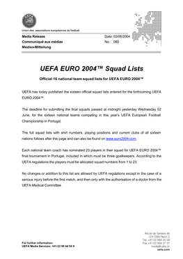 UEFA EURO 2004™ Squad Lists