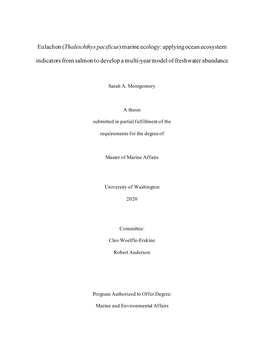 Eulachon (Thaleichthys Pacificus) Marine Ecology: Applying Ocean Ecosystem Indicators from Salmon to Develop a Multi-Year Model of Freshwater Abundance