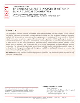 THE ROLE of a BIKE FIT in CYCLISTS with HIP PAIN. a CLINICAL COMMENTARY David J.S