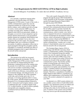 User Requirements for HEO SATCOM for ATM in High Latitudes Jan Erik Håkegård, Trond Bakken, Tor Andre Myrvoll, SINTEF, Trondheim, Norway