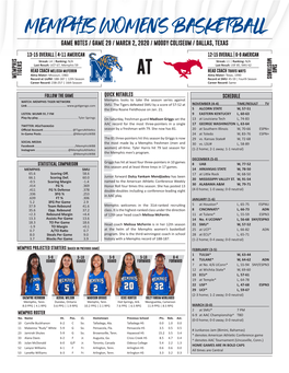 Memphis Women's Basketball Game Notes / Game 29 / March 2, 2020 / Moody Coliseum / Dallas, Texas