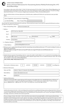 Notice of Contact Information for Transmitting Entities Publicly Performing Pre-1972 Sound Recordings