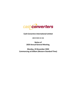 Cash Converters International Limited Notice of 2020 Annual