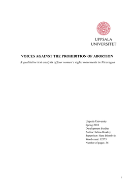 VOICES AGAINST the PROHIBITION of ABORTION a Qualitative Text Analysis of Four Women’S Rights Movements in Nicaragua