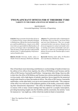 Two Plainchant Offices for St Theodore Tyro Variety in the Form and Style of Medieval Chant