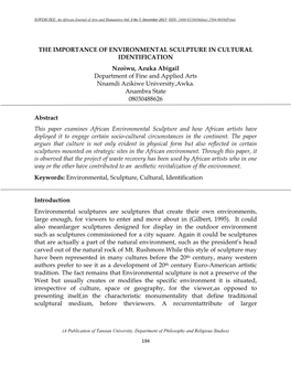 THE IMPORTANCE of ENVIRONMENTAL SCULPTURE in CULTURAL IDENTIFICATION Nzoiwu, Azuka Abigail Department of Fine and Applied Arts Nnamdi Azikiwe University,Awka