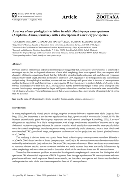 A Survey of Morphological Variation in Adult Meristogenys Amoropalamus (Amphibia, Anura, Ranidae), with a Description of a New Cryptic Species