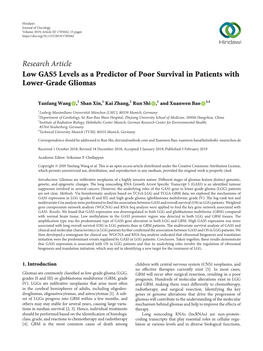 Research Article Low GAS5 Levels As a Predictor of Poor Survival in Patients with Lower-Grade Gliomas