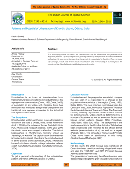 Patterns and Potential of Urbanisation of Khordha District, Odisha, India