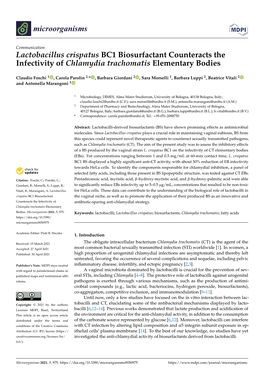 Lactobacillus Crispatus BC1 Biosurfactant Counteracts the Infectivity of Chlamydia Trachomatis Elementary Bodies