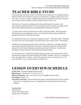 Teacher Bible Study Lesson Overview/Schedule