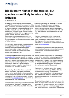 Biodiversity Higher in the Tropics, but Species More Likely to Arise at Higher Latitudes 22 November 2013