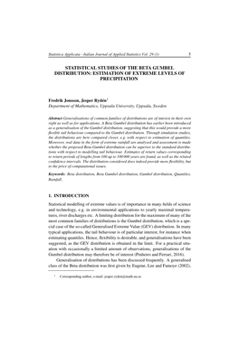 Statistical Studies of the Beta Gumbel Distribution: Estimation of Extreme Levels of Precipitation