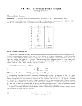 CS 4973 - Mersenne Prime Project Strategy Overivew