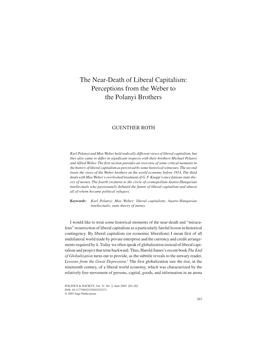 The Near-Death of Liberal Capitalism: Perceptions from the Weber to the Polanyi Brothers