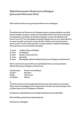 Nijsbrief Gemeenten Westerwert En Mantgum (Jannewaris-Febrewaris 2016)