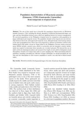 Population Characteristics of Monetaria Annulus(Linnaeus, 1758) (Gastropoda: Cypraeidae)From Temperate to Tropical Areas