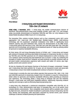 3 Hong Kong and Huawei Demonstrate a TDD+ One LTE Network