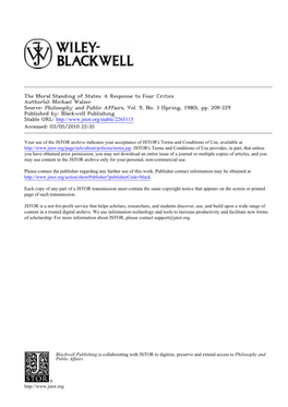 The Moral Standing of States: a Response to Four Critics Author(S): Michael Walzer Source: Philosophy and Public Affairs, Vol